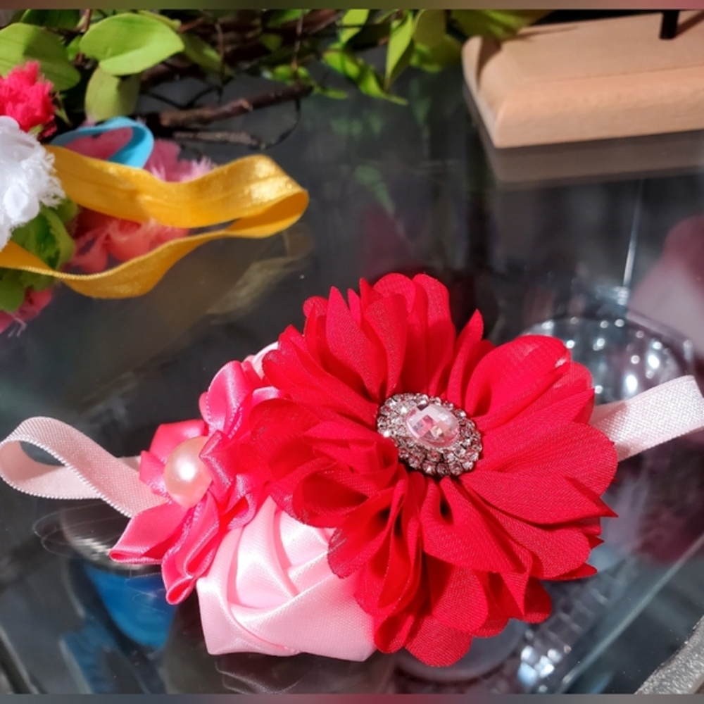 Hot pink and Pink Floral Kids Headband With Pearl And Rhinestone Size 6 1/2"